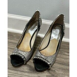 Michael Kors ELLA PEEP Toe Black White‎ Silver Studded Leather Heel Shoe Sz 9